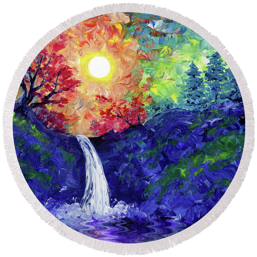 Rainbow Round Beach Towel featuring the painting Welcome Respite at the End of the Day by Laura Iverson