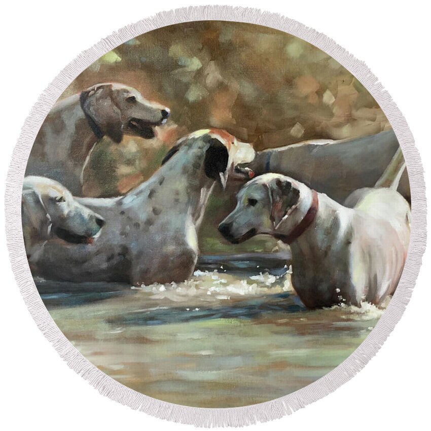 Hounds Dogs Dog Foxhunt Foxhounds Hunt Water Wading Playing Contemporary Art Painting Realism Round Beach Towel featuring the painting Well Hello by Susan Bradbury