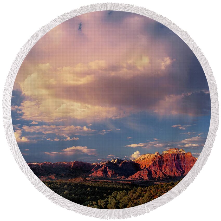 Dave Welling Round Beach Towel featuring the photograph West Temple In Zion From Open Range Near Hurricane Utah by Dave Welling