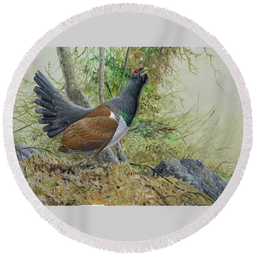 Western Capercaillie Round Beach Towel featuring the painting Western Capercaillie, Eastern Subspecies by Barry Kent MacKay