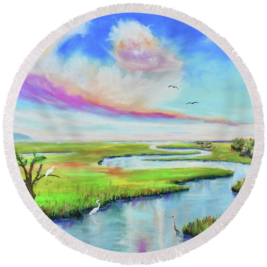 Marsh Round Beach Towel featuring the pastel Wetland Birds by Mary Scott