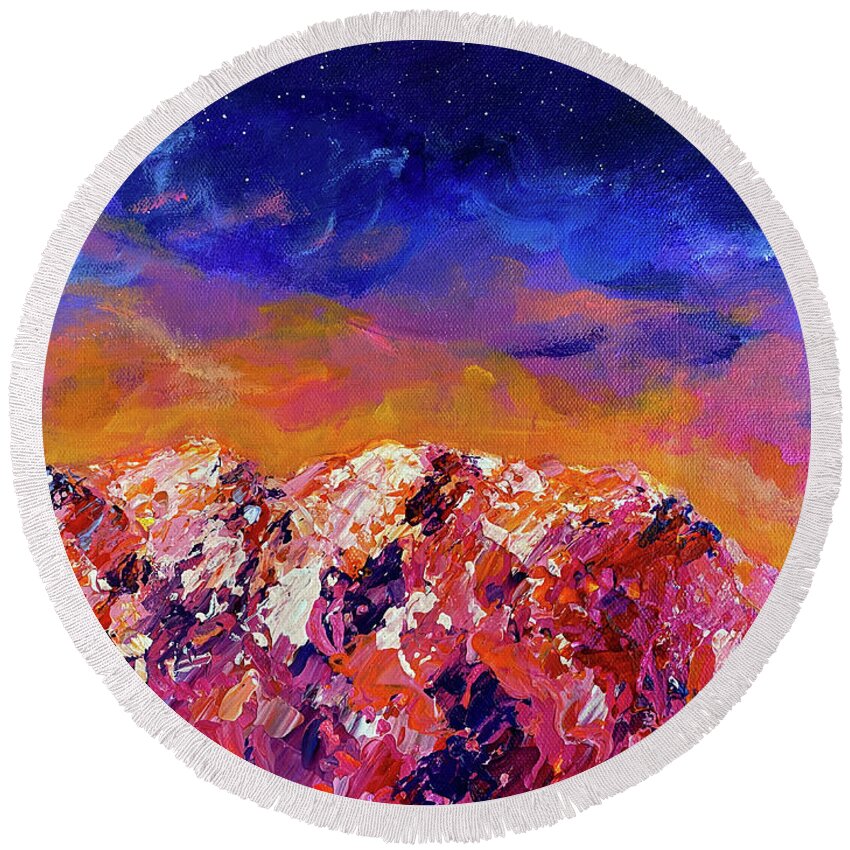 Vibrant Round Beach Towel featuring the painting What Dreams Mountain Fragment by Ashley Wright