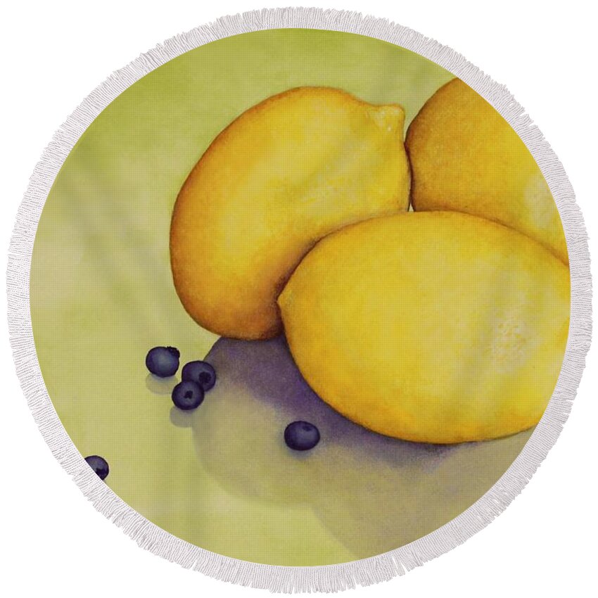 Kim Mcclinton Round Beach Towel featuring the painting When Life Gives You Lemons by Kim McClinton
