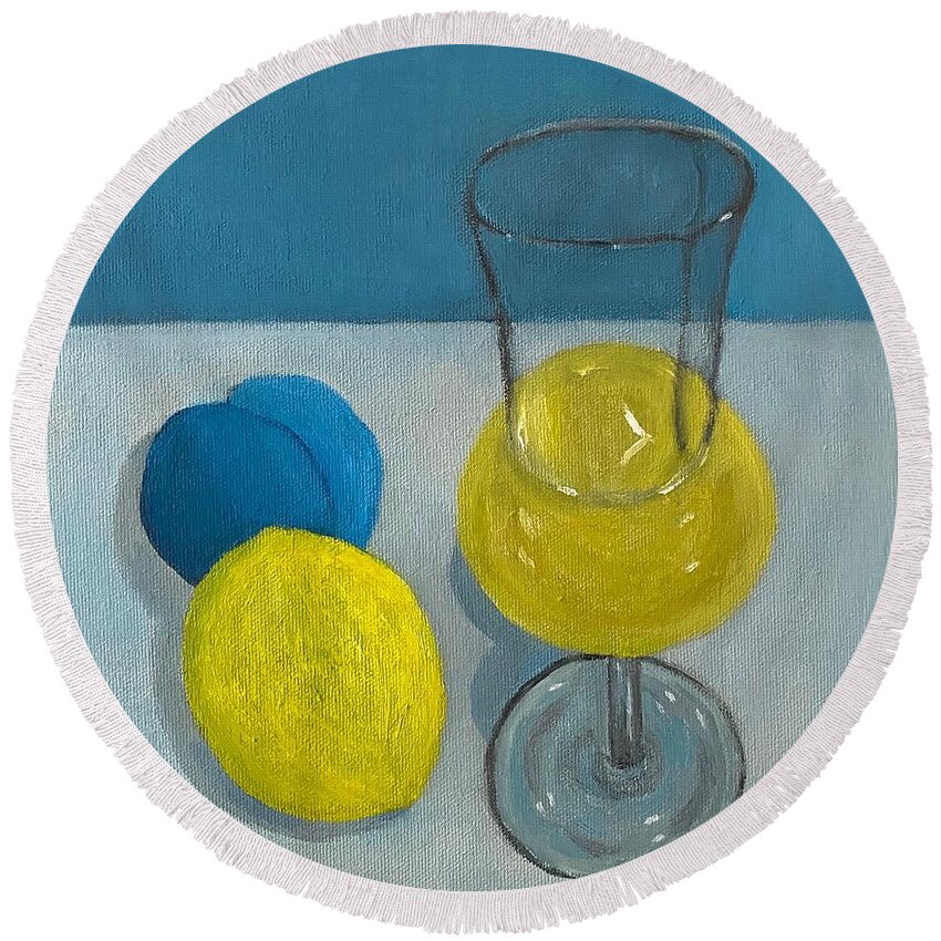 Limoncello Round Beach Towel featuring the painting When life gives you lemons, make limoncello by Victoria Lakes
