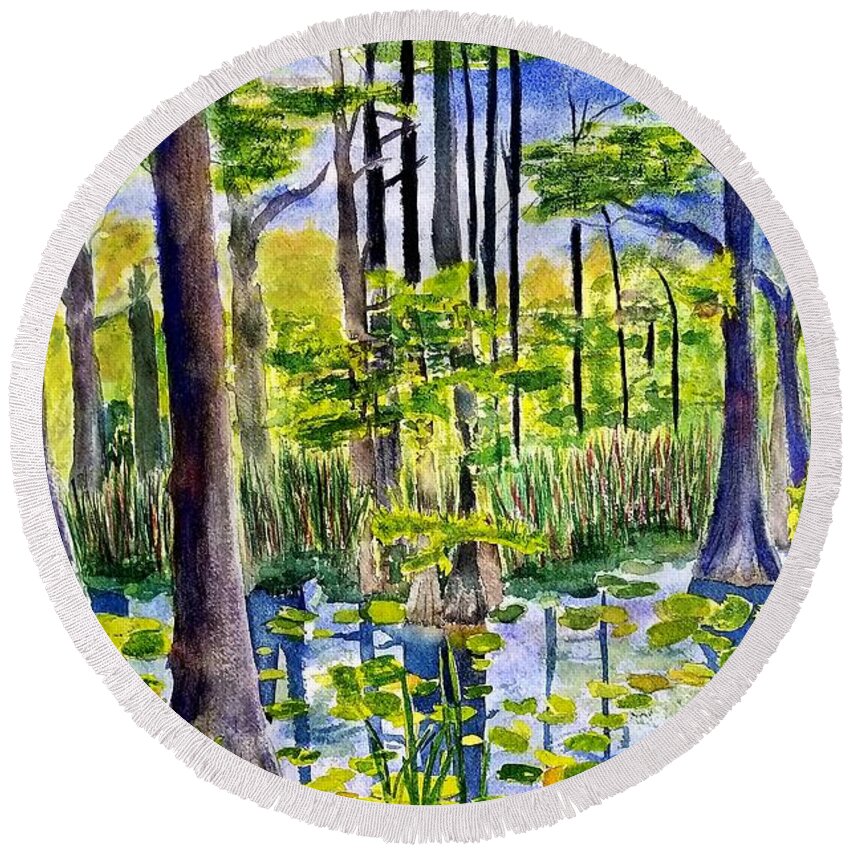 Cypress Dunes Round Beach Towel featuring the painting Where the Bullfrogs live by Ann Frederick