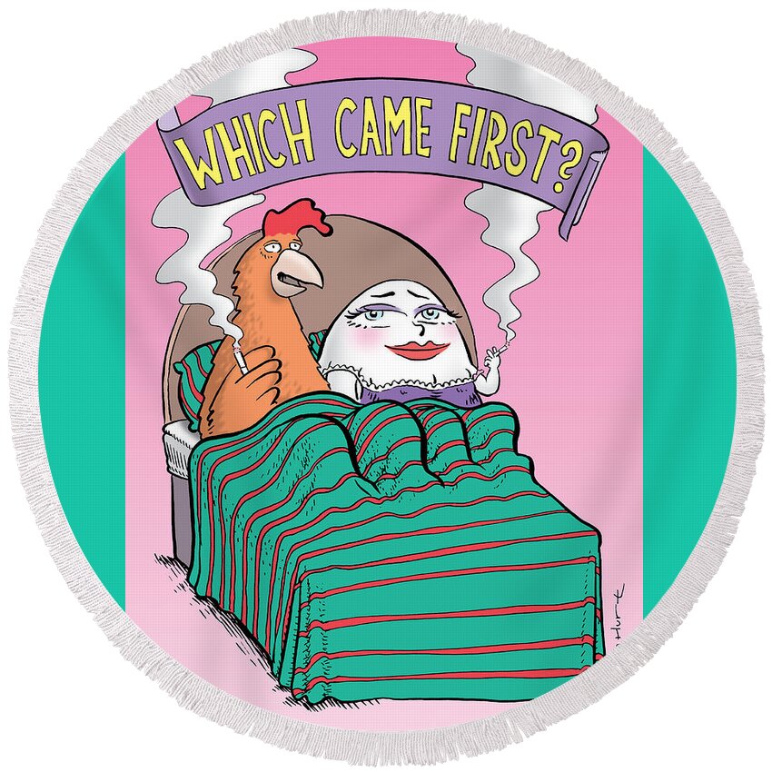 Cartoon Round Beach Towel featuring the painting Which Came First by Sam Hurt