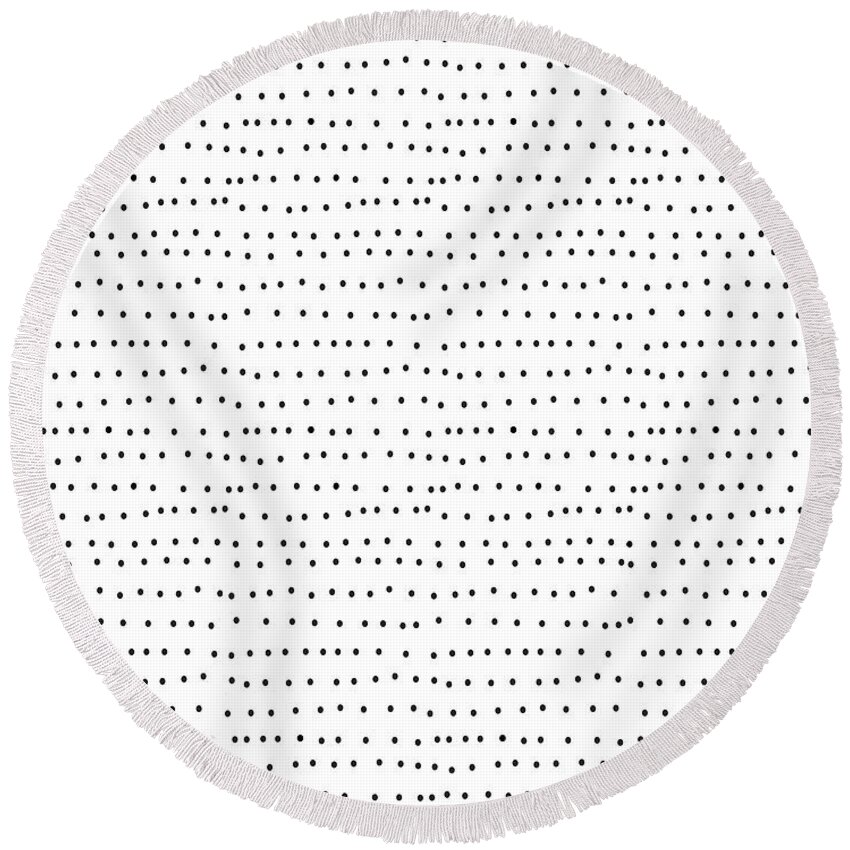 Polka Dots Round Beach Towel featuring the digital art Whimsical Tiny Black Polka Dots On White by Ashley Rice