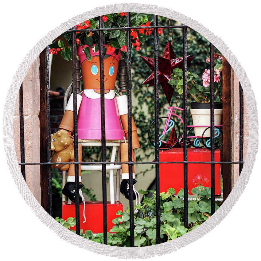 Druified Round Beach Towel featuring the photograph Whimsical Window Dressing in San Miguel De Allende by Rebecca Dru