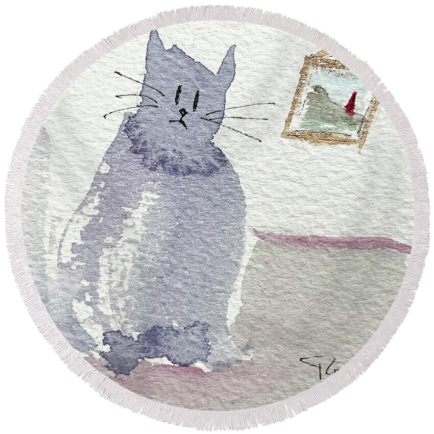 Watercolor Cat Painting Round Beach Towel featuring the painting Whimsy Kitty 16 by Roxy Rich