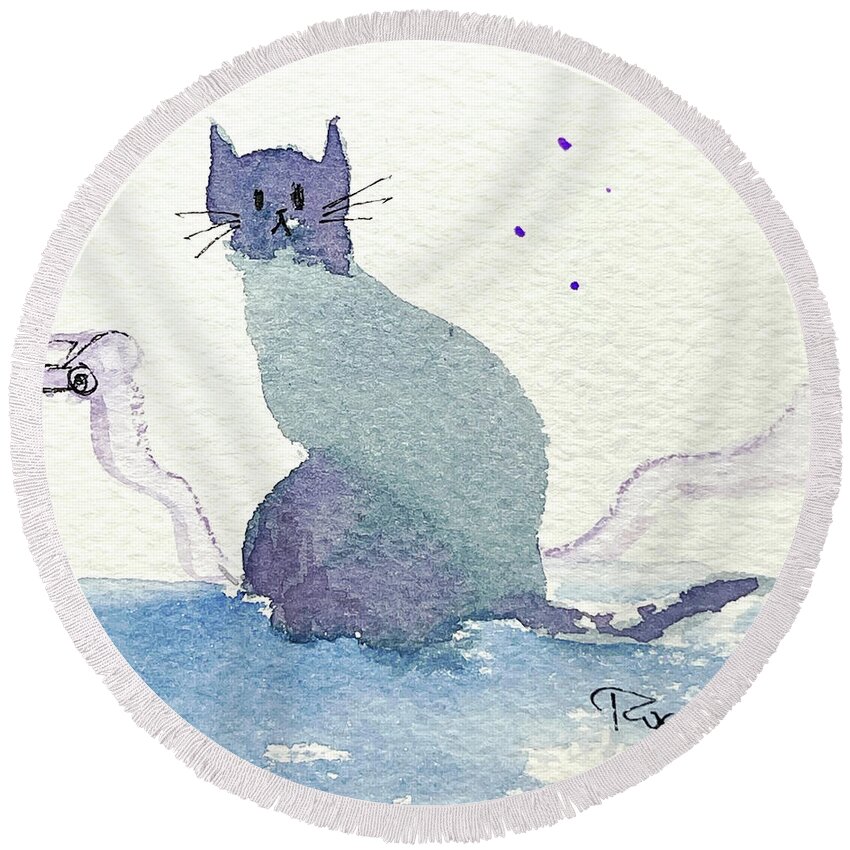 Whimsical Cat Round Beach Towel featuring the painting Whimsy Kitty 20 by Roxy Rich