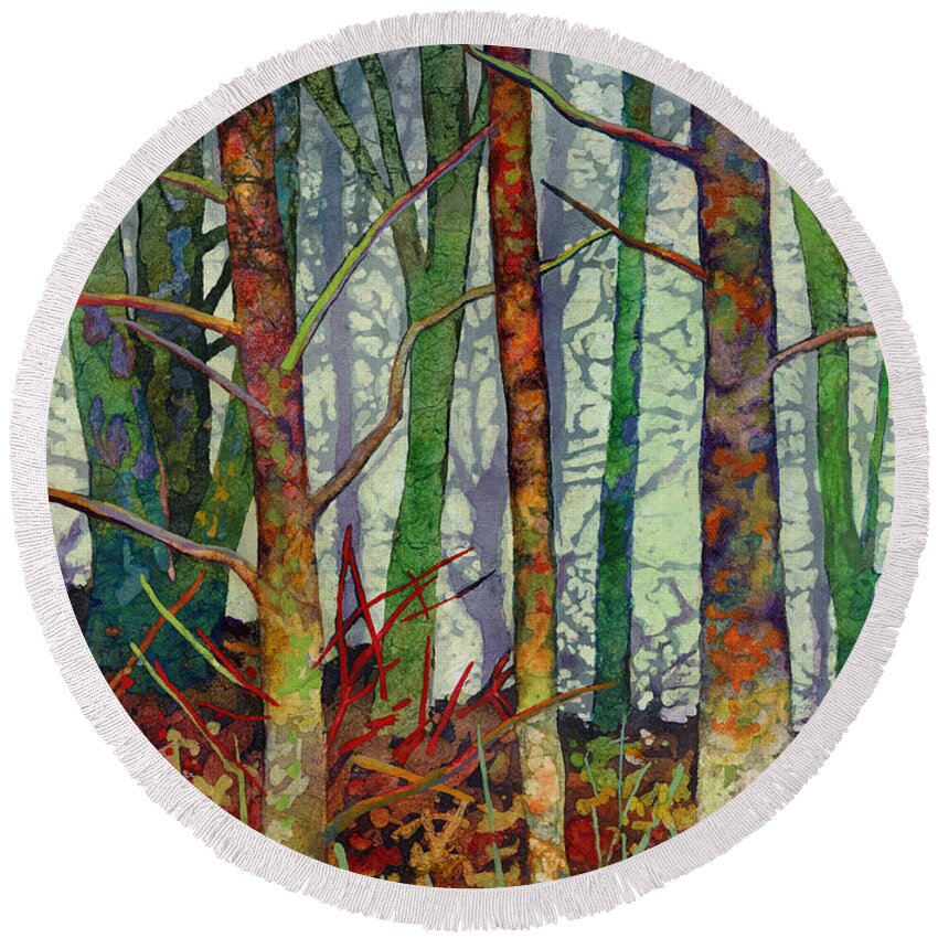 Abstract Forest Round Beach Towel featuring the painting Whispering Forest by Hailey E Herrera