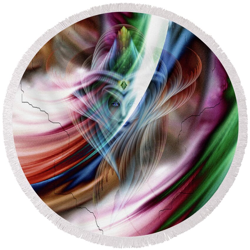 Dreams Round Beach Towel featuring the digital art Whispers In A Dreams Of Beauty Abstract Portrait Art by Rolando Burbon