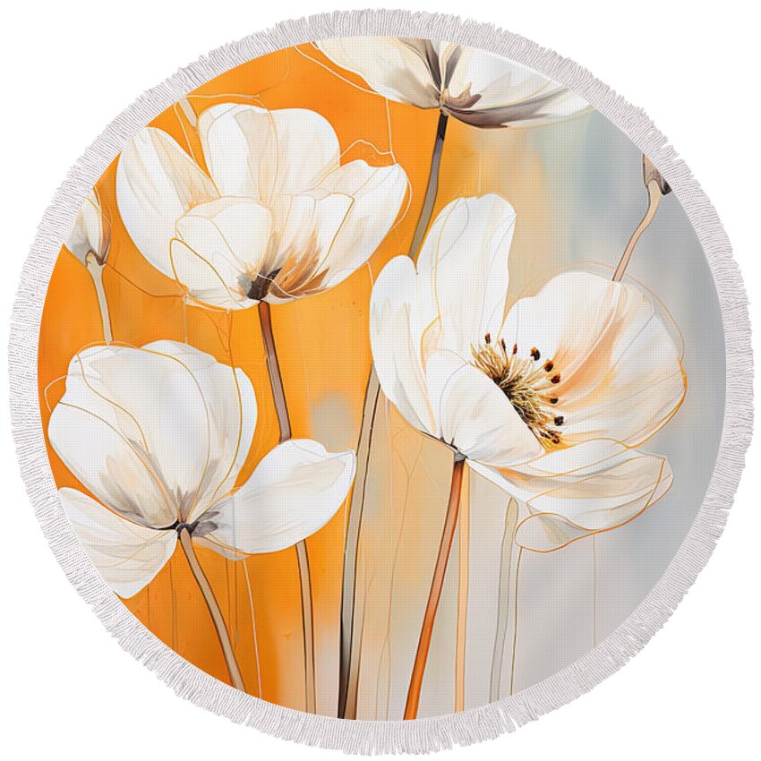 Minimalist White Flowers Round Beach Towel featuring the painting White and Cream Flowers against Burnt Orange by Lourry Legarde