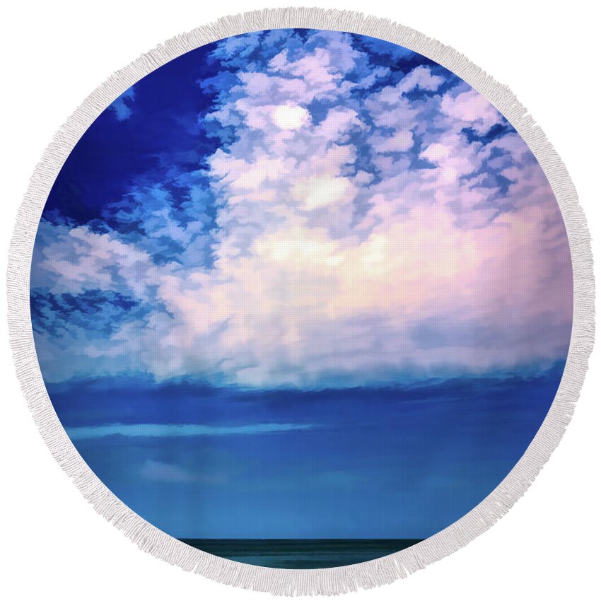 Clouds Round Beach Towel featuring the photograph White and Pink Clouds Over the Ocean by Roslyn Wilkins