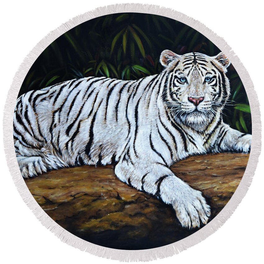 Tiger Round Beach Towel featuring the painting White Bengal Tiger by Charles Berry