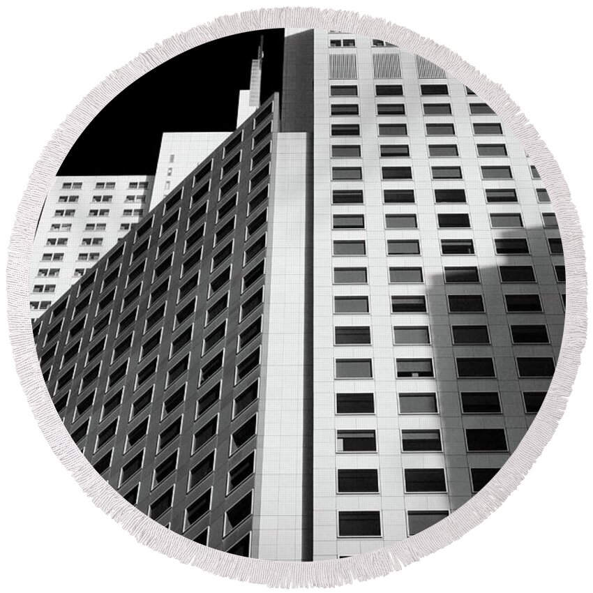 White Round Beach Towel featuring the photograph White Building in Black and White by Katherine Erickson