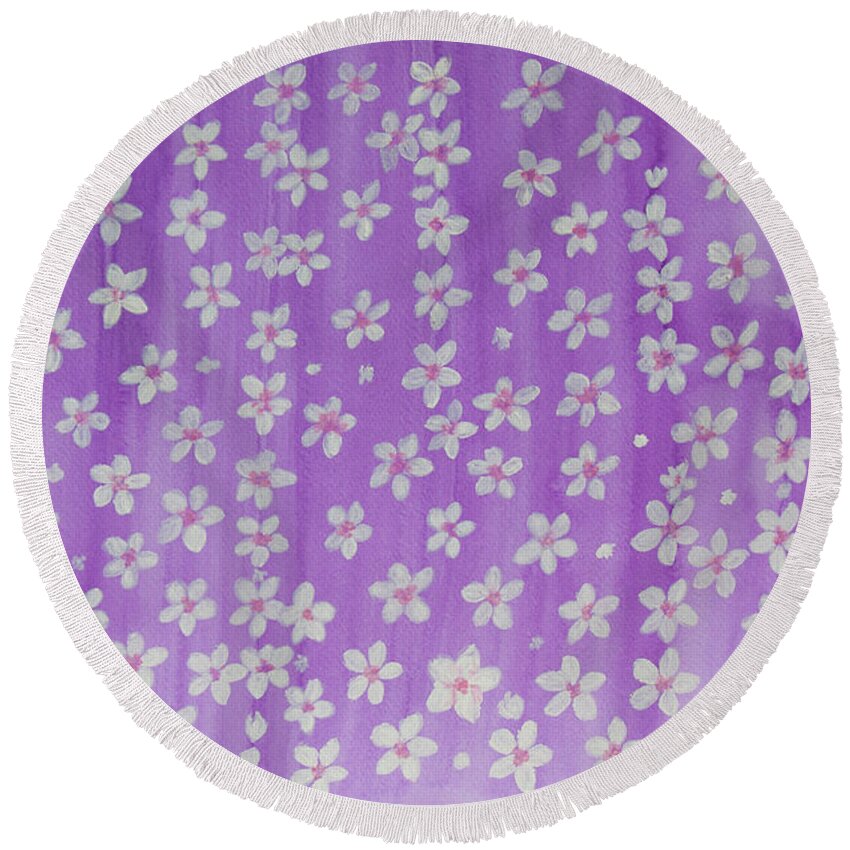 Flower Round Beach Towel featuring the painting White cherry flowers on purple background, illustration watercolor by Irina Afonskaya