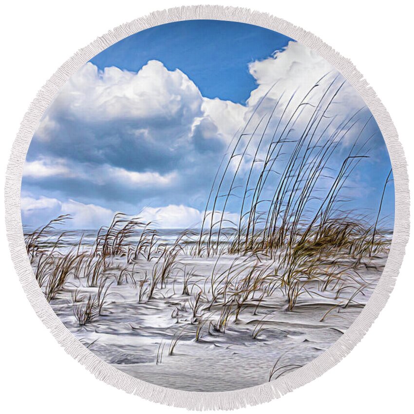 Clouds Round Beach Towel featuring the photograph White Clouds over White Sands Painting by Debra and Dave Vanderlaan