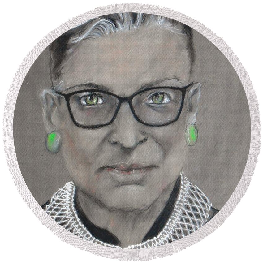 Ruth Bader Ginsburg Round Beach Towel featuring the drawing White-Collar Justice by Jayne Somogy