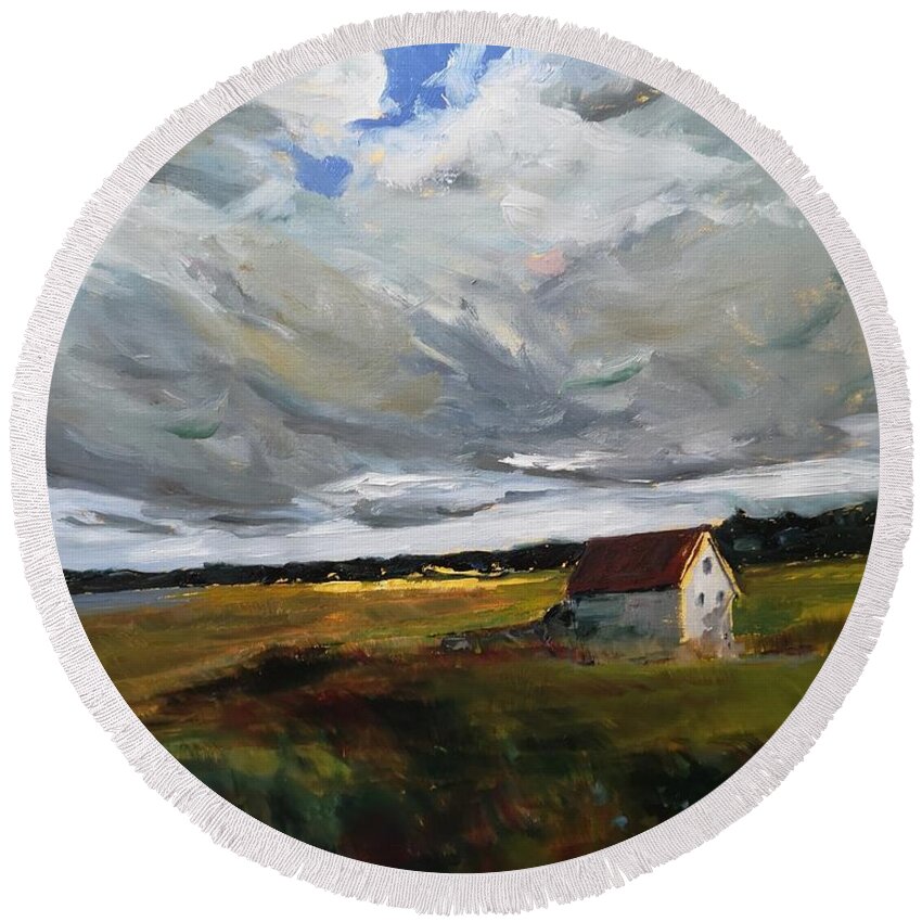 New Brunswick Round Beach Towel featuring the painting White Cottage by Sheila Romard