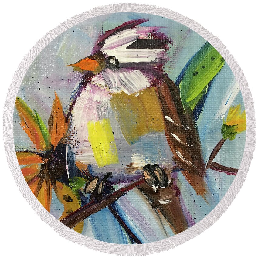 Sparrow Round Beach Towel featuring the painting White Crowned Sparrow on a Sunflower by Roxy Rich