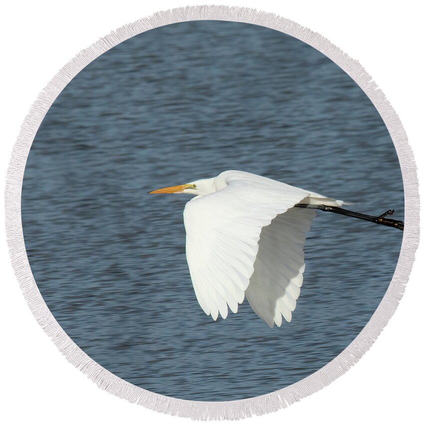 Egret Round Beach Towel featuring the photograph White Egret Flying by Rebecca Cozart
