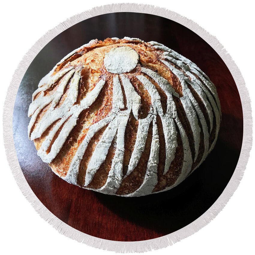 Bread Round Beach Towel featuring the photograph White Flour Dusted Sourdough With 4 Score Designs. 2 by Amy E Fraser