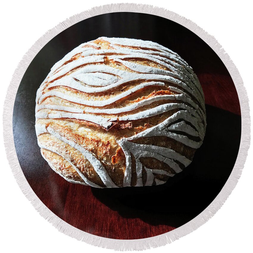 Bread Round Beach Towel featuring the photograph White Flour Dusted Sourdough With 4 Score Designs. 5 by Amy E Fraser