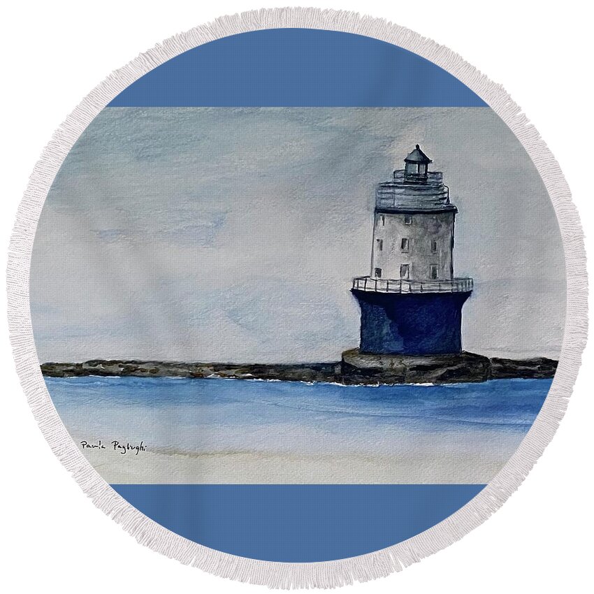 Painting Round Beach Towel featuring the painting White Harbor of Refuge Lighthouse by Paula Pagliughi