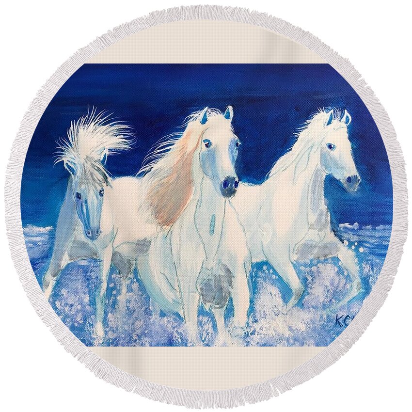 Pets Round Beach Towel featuring the painting White Horses on Beach by Kathie Camara
