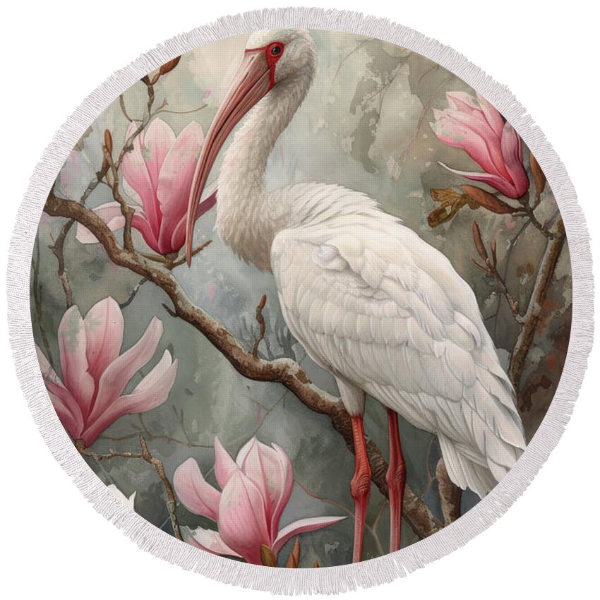 White Ibis Round Beach Towel featuring the painting White Ibis by Tina LeCour