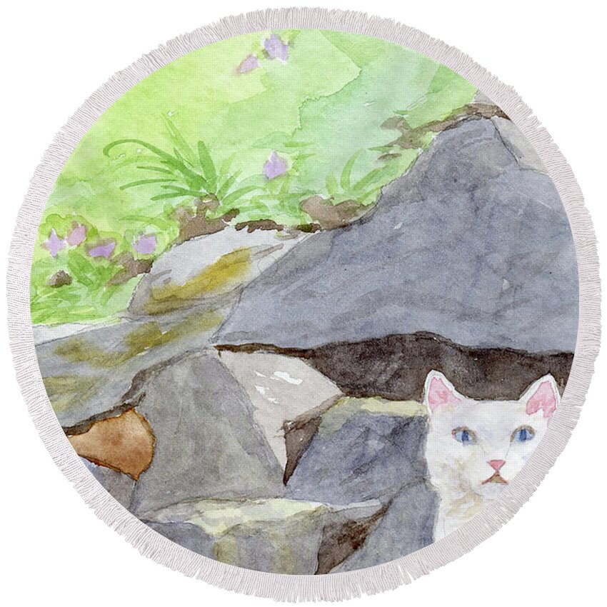 Kitty Round Beach Towel featuring the painting White Kitty by Anne Marie Brown