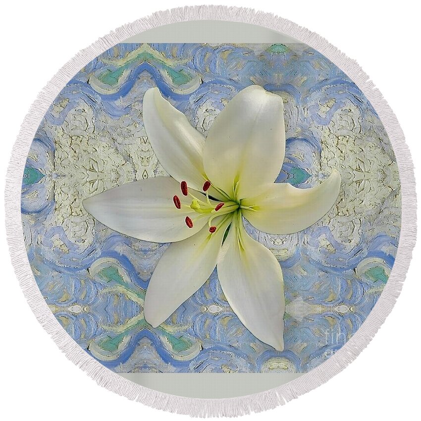 Art Round Beach Towel featuring the photograph White Lily on Blue by Jeannie Rhode