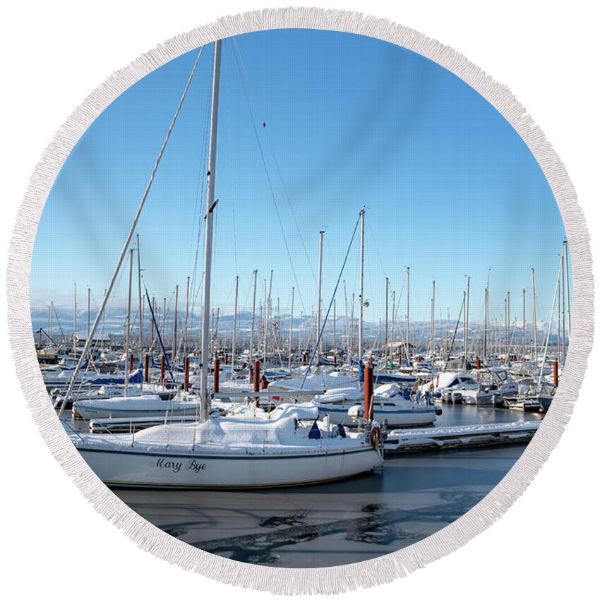 Marine Round Beach Towel featuring the photograph White marina by Canadart -