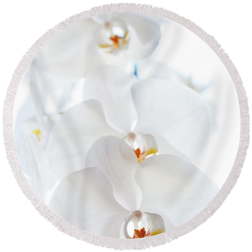 White Orchids Round Beach Towel featuring the photograph White Orchids by Naomi Maya