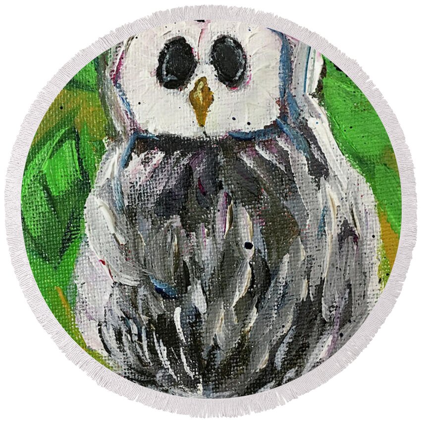 Owl Round Beach Towel featuring the painting White Owl in Foilage by Roxy Rich