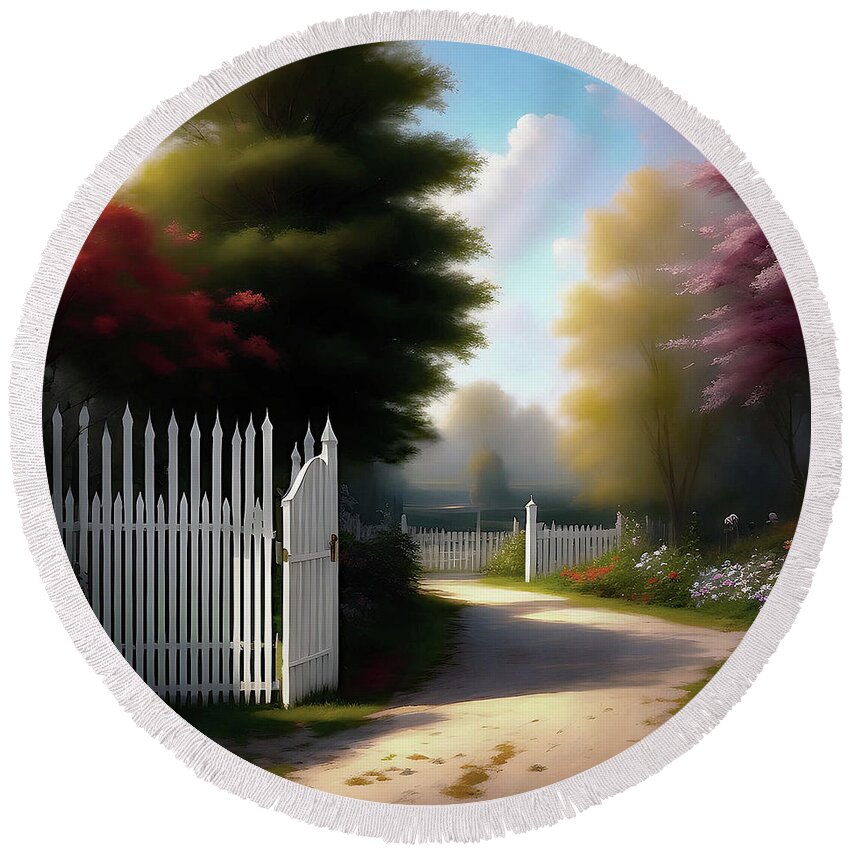 Ai Round Beach Towel featuring the photograph White Picket Fence AI by Andrew Lawrence