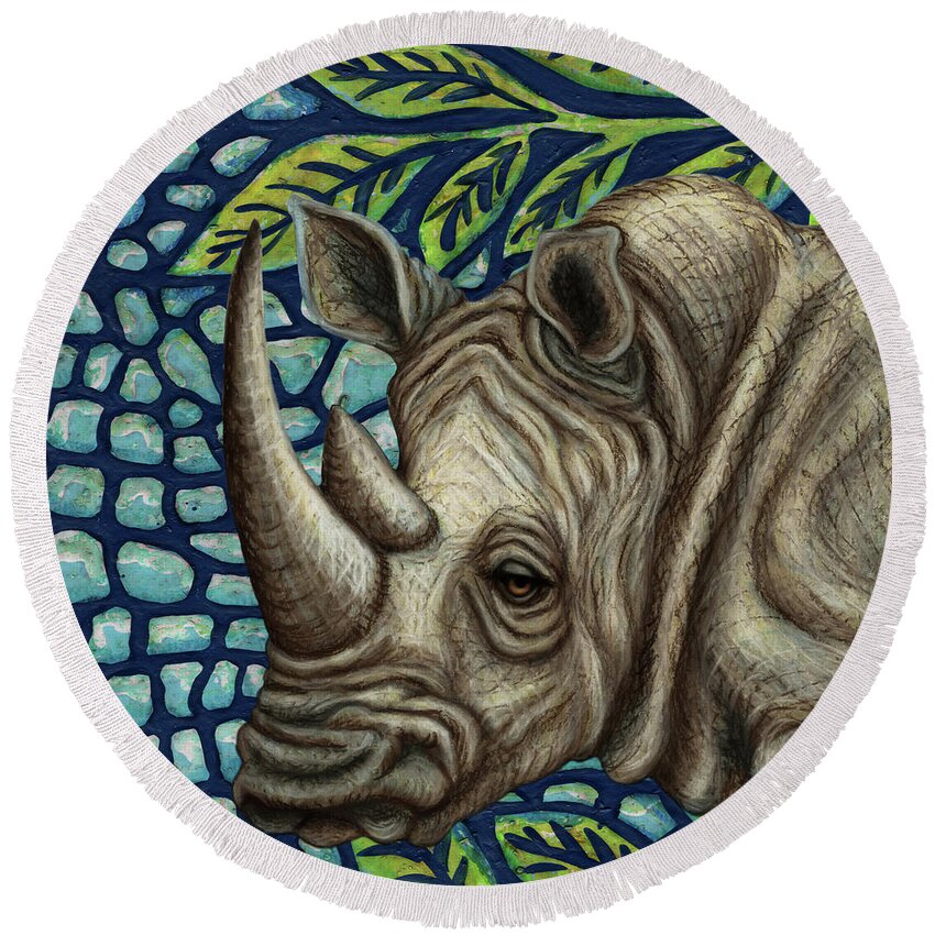 Rhinoceros Round Beach Towel featuring the painting White Rhino In The Jungle by Amy E Fraser