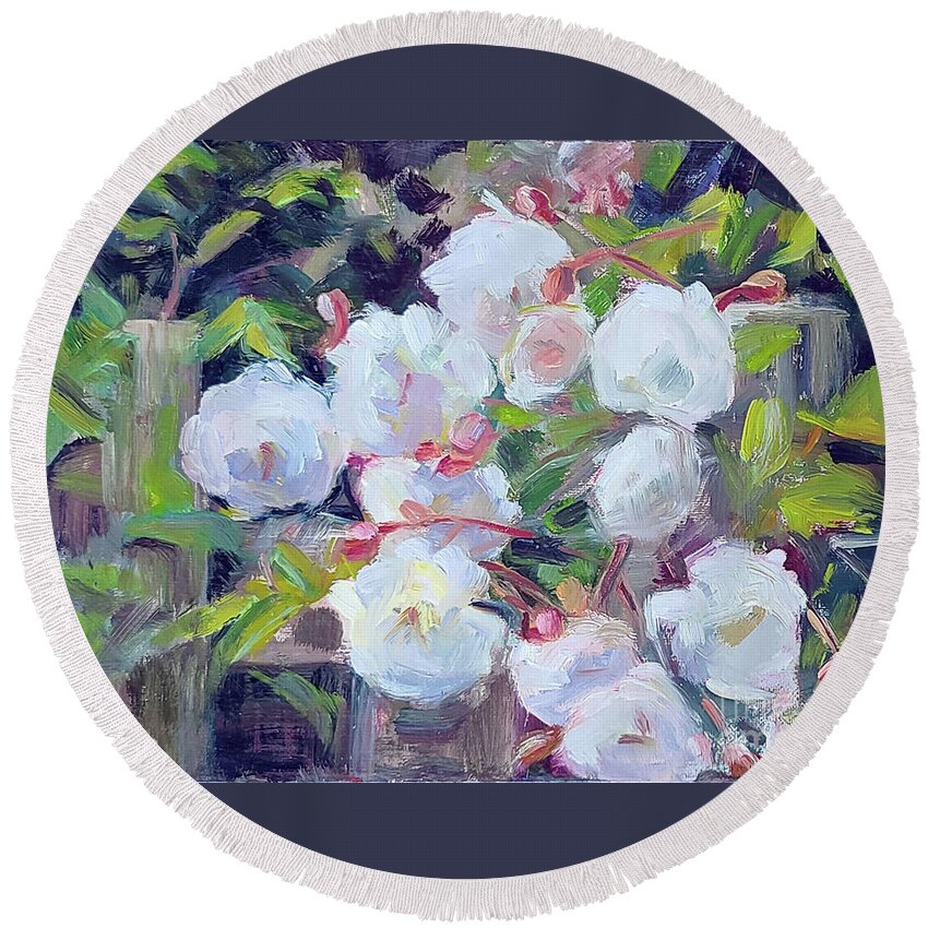 Roses Round Beach Towel featuring the painting White Rose Bush by Barbara Oertli