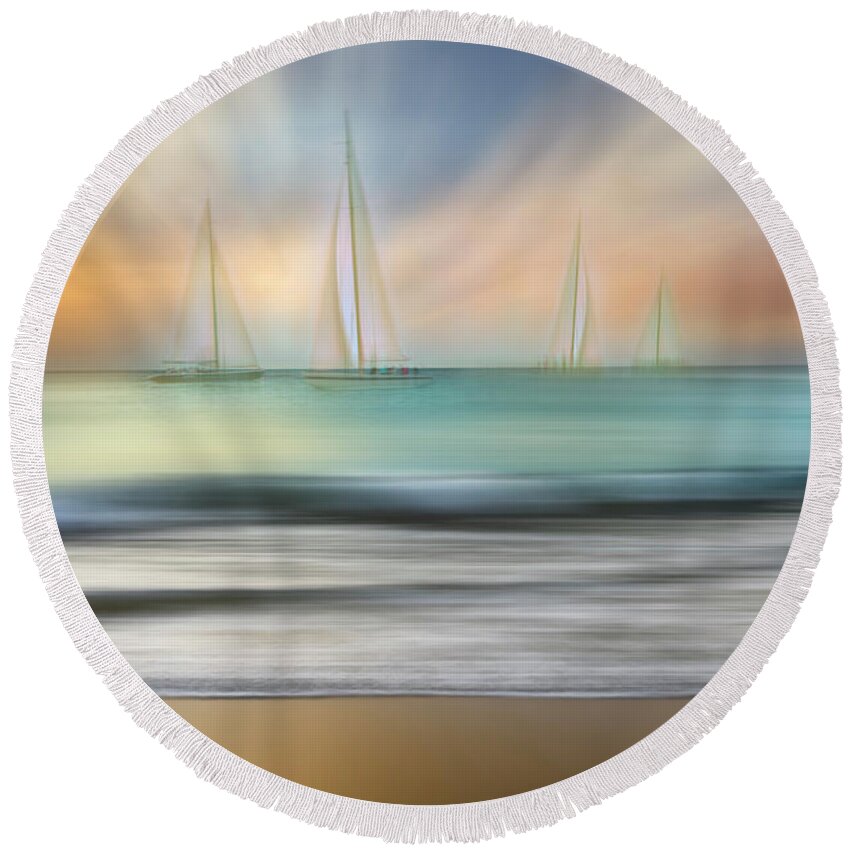 Boats Round Beach Towel featuring the photograph White Sails Dreamscape by Debra and Dave Vanderlaan