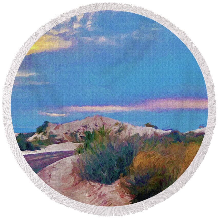 White Sands Round Beach Towel featuring the mixed media White Sands New Mexico at Dusk Painting by Tatiana Travelways