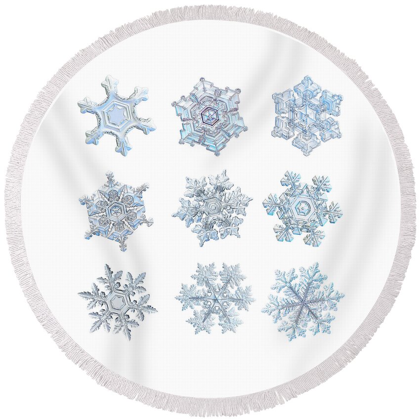 Snowflake Round Beach Towel featuring the photograph White snowflake collage - 2021-11-08 by Alexey Kljatov