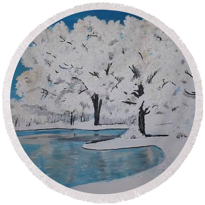 Acrylic Landscape Round Beach Towel featuring the painting White Trees by Denise Morgan