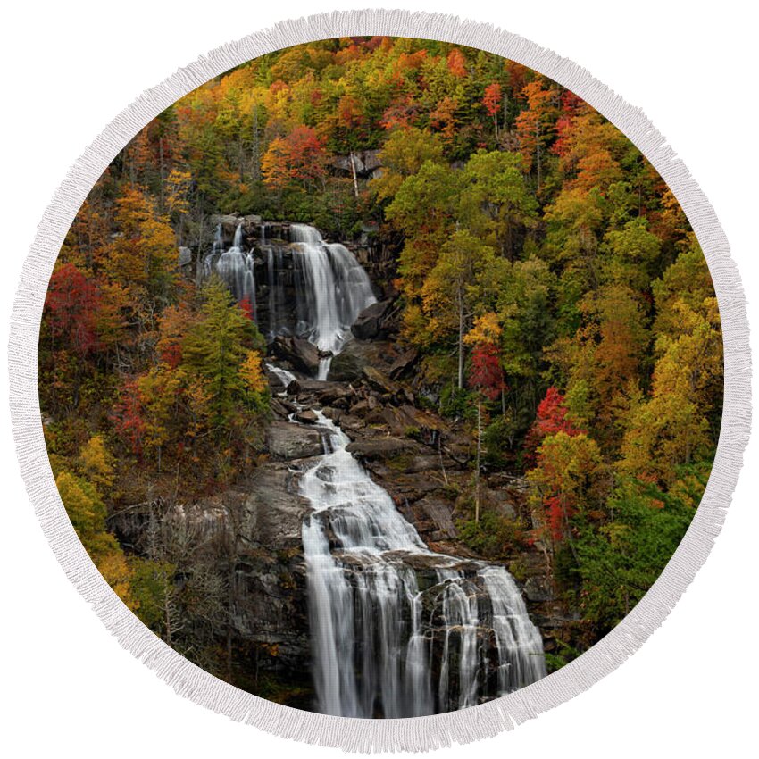 Whitewater Falls In Autumn Round Beach Towel featuring the photograph Whitewater Falls In Autumn by Dan Sproul