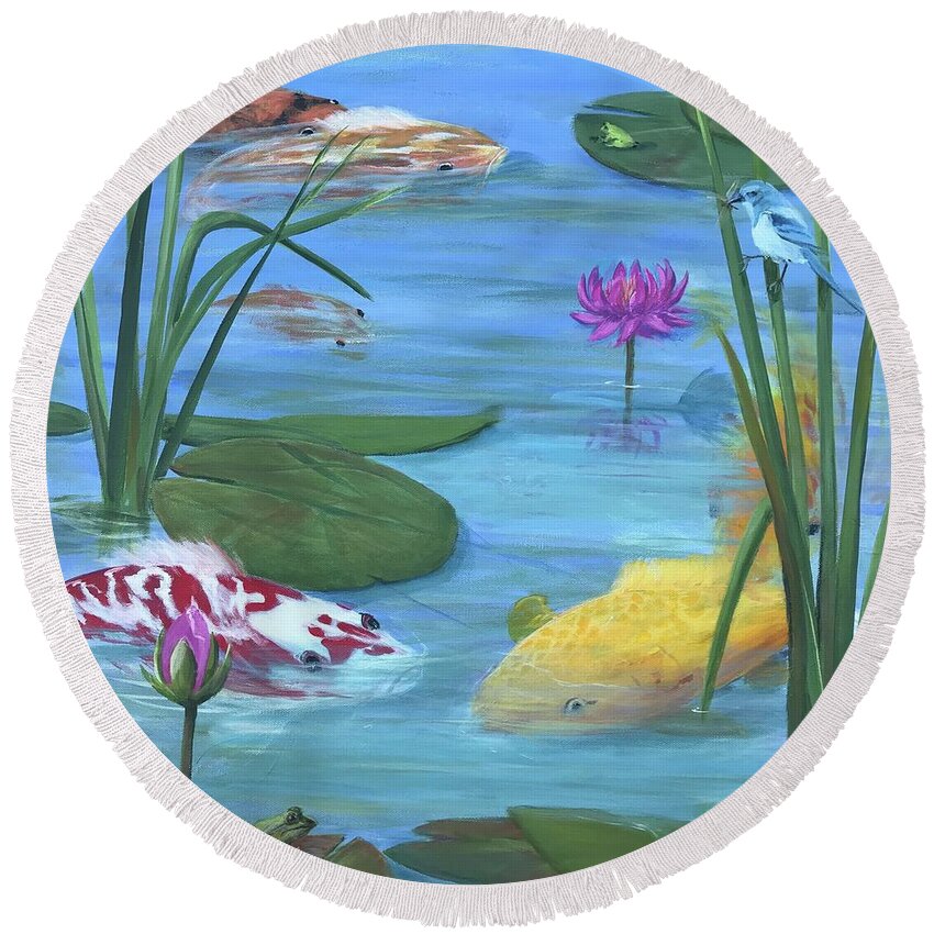 Koi Fish Round Beach Towel featuring the painting Why be Coy? by Sue Dinenno