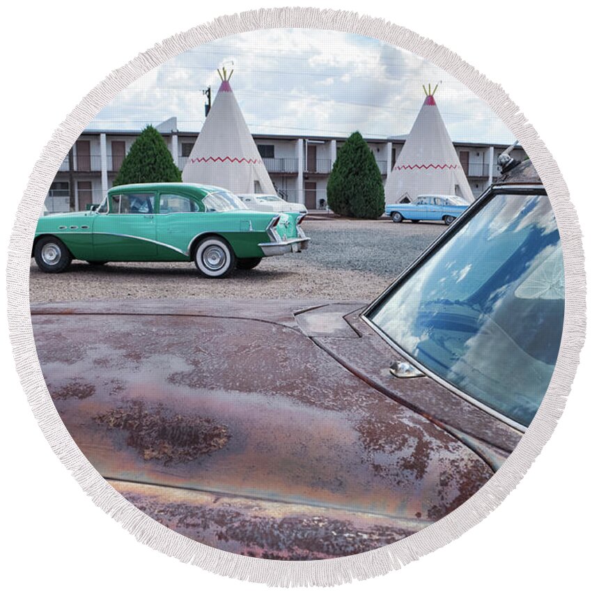 Wigwam Motel Round Beach Towel featuring the photograph Wigwam Motel Route 66 Classic Car by Kyle Hanson