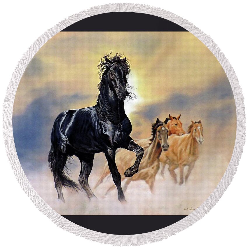 Horse Round Beach Towel featuring the painting Wild and Free by Linda Becker