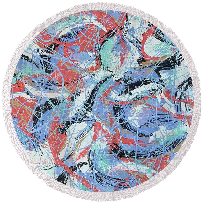 Abstract Round Beach Towel featuring the painting Wild at Heart by Cheryl Rhodes