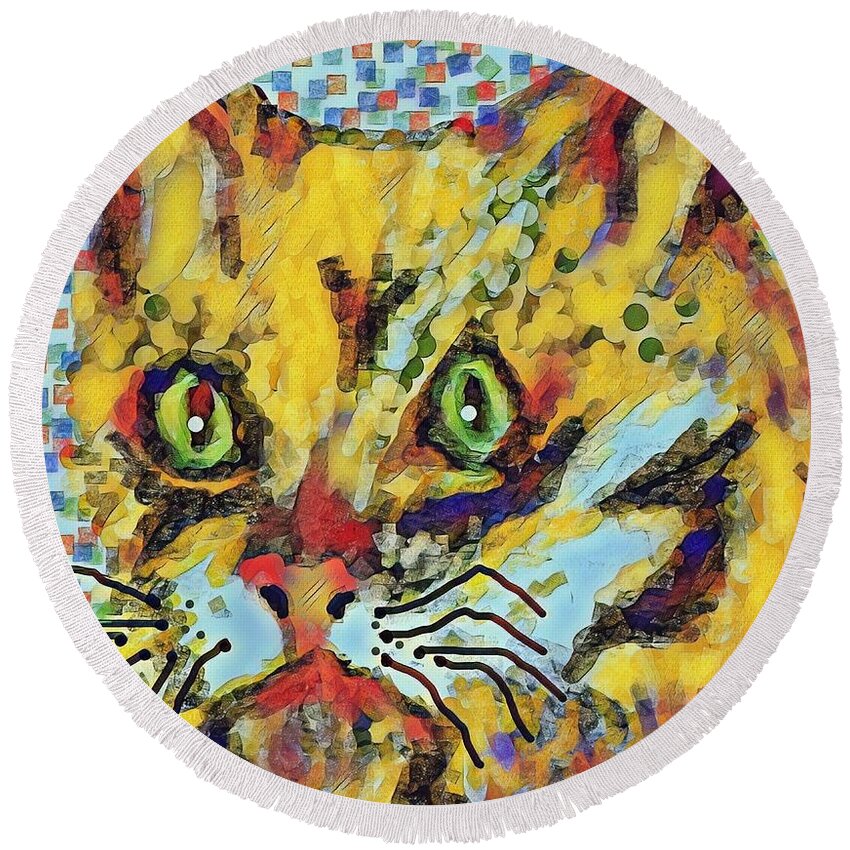 Cat Animal Pet Abstract Digital Fun Cushion Pillow Mask Bag Round Beach Towel featuring the digital art Wild Cat 1 by Bradley Boug