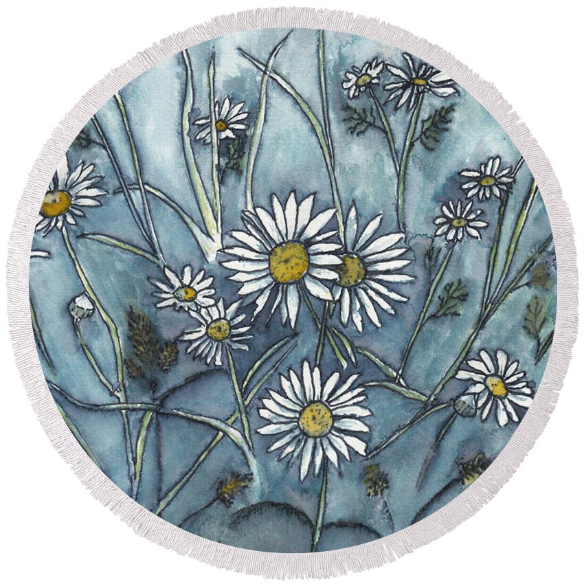Daisies Round Beach Towel featuring the mixed media Wild Daisies in Ink and Watercolor by Conni Schaftenaar